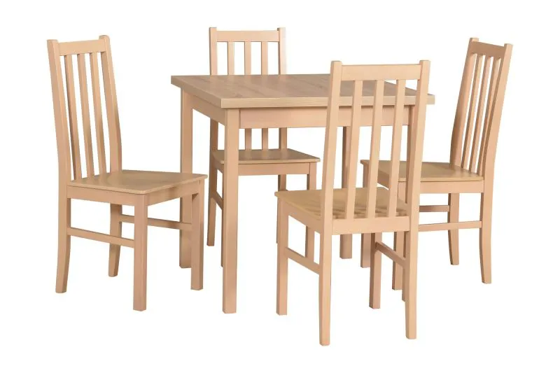 Complete eetkamerset F, 5-delig, houtkleur: eiken, eenvoudig ontwerp, 4 massief houten stoelen, robuuste tafel, ruimtebesparend, solide ontwerp