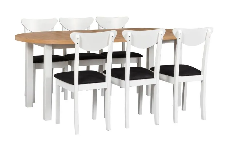 Complete eetkamerset O, 7-delig, uitschuifbare houten tafel in wit/eiken, 6 witte houten stoelen met comfortabele bekleding in zwart, robuust hout