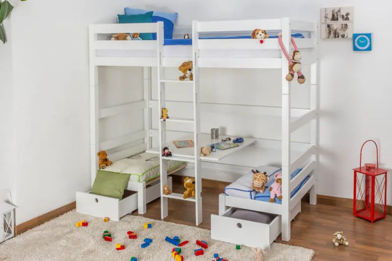 Kinderbed / stapelbed Tim (om te bouwen tot een tafel met banken of tot 2 eenpersoonsbedden) massief wit gelakt beukenhout, incl. rol lattenbodem - 90 x 200 cm