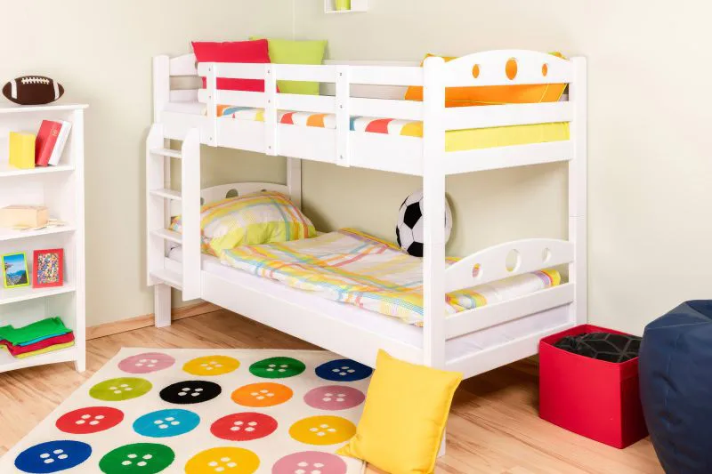 Stapelbed "Easy Premium Line" K19/n, hoofdbord en voeteneind met gaten, massief beuken wit - 90 x 200 cm (b x l), deelbaar