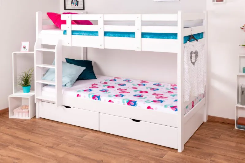 Stapelbed "Easy Premium Line" K20/n incl. 2 laden en 2 afdekpanelen, recht hoofdbord en voeteneind, massief beukenhout wit - matrasbodem: 90 x 200 cm, deelbaar