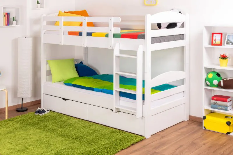 Stapelbed "Easy Premium Line" K18/n incl. 2 laden en 2 afdekpanelen, hoofdbord met gaten, massief beukenhout wit - 90 x 200 cm, (b x l) deelbaar