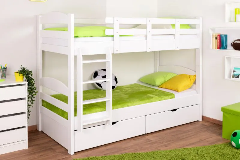 Stapelbed "Easy Premium Line" K21/n incl. 2 laden en 2 afdekpanelen, afgerond hoofdbord en voeteneind, massief beuken wit - 90 x 200 cm (b x l), deelbaar