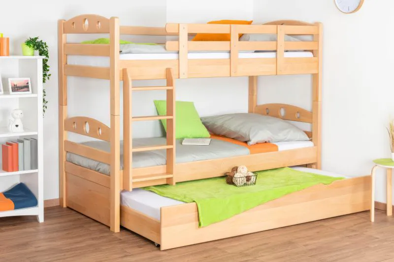 Stapelbed voor volwassenen "Easy Premium Line" K19/h incl. onderschuifbed /extra ligplaats en 2 afdekplaten, hoofd- en voeteneinde met gaten, massief beukenhout transparant gelakt - ligvlak: 90 x 200 cm (b x l), deelbaar