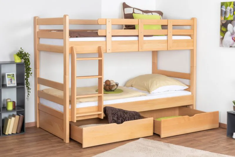 Stapelbed voor volwassenen "Easy Premium Line" K20/n incl. 2 laden en 2 afdekpanelen, hoofd- en voeteneinde recht, massief beukenhout natuur / transparant gelakt - ligvlak: 90 x 200 cm, deelbaar