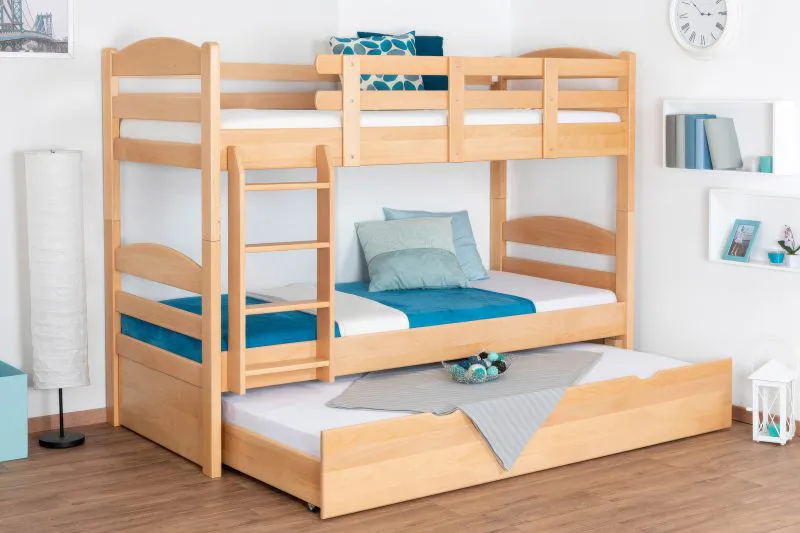 Stapelbed voor volwassenen "Easy Premium Line" K21/h incl. onderschuifbed /extra ligplaats en 2 afdekplaten, afgeronde hoofd- en voeteneinden, massief beukenhout transparant gelakt - ligvlak: 90 x 200 cm, deelbaar
