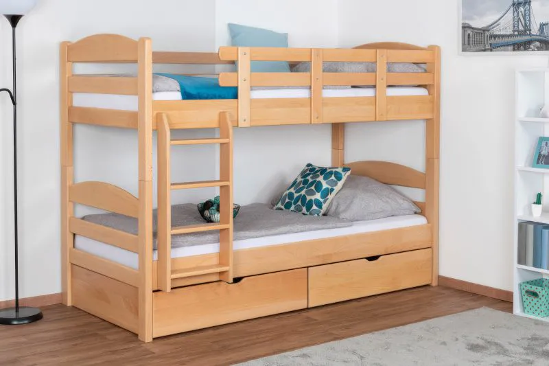 Stapelbed voor volwassenen "Easy Premium Line" K21/n incl. 2 laden en 2 afdekpanelen, afgerond hoofdbord en voeteneind, massief beukenhout transparant gelakt - 90 x 200 cm (b x l), deelbaar