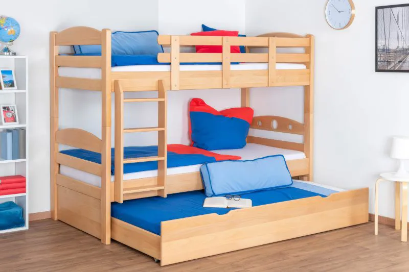 Stapelbed "Easy Premium Line" K18/h incl. onderschuifbed /extra ligplaats en 2 afdekplaten, hoofdbord met gaten, massief beukenhout transparant gelakt - ligvlak: 90 x 200 cm, deelbaar
