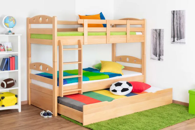 Stapelbed "Easy Premium Line" K19/h incl. onderschuifbed /extra ligplaats en 2 afdekplaten, hoofd- en voeteneind met gaten, massief beukenhout transparant gelakt - ligvlak: 90 x 200 cm (b x l), deelbaar