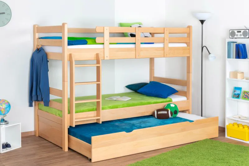 Stapelbed "Easy Premium Line" K20/h incl. onderschuifbed /extra ligplaats en 2 afdekplaten, hoofd- en voeteneinde recht, massief beukenhout natuur / transparant gelakt - ligvlak: 90 x 200 cm (b x l), deelbaar