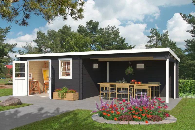 Tuinhuis met overkapping G260 Carbon grijs - 28 mm blokhut profielplanken, grondoppervlakte: 20,32 m², lessenaarsdak
