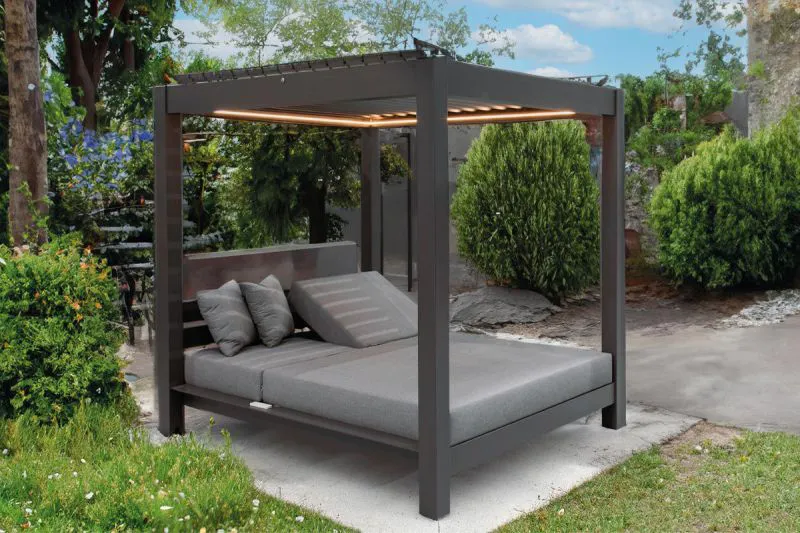 Lounge tuinligstoel London met dak, kleur: antraciet, stof: donkergrijs, 2050 x 1800 x 2000 mm, stevig aluminium frame, waterdichte bekleding van 180 mm
