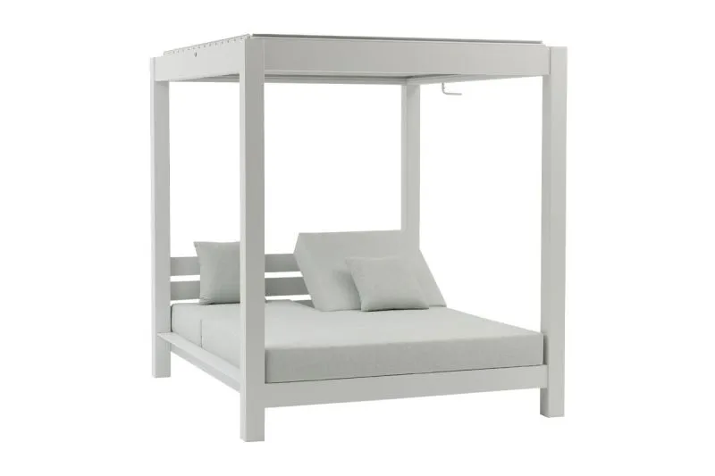 Wit London loungebed met zonneluifel, lichtgrijze stof, 2050 x 1800 x 2000 mm, 180 mm dikke bekleding met waterdichte TPU-coating, buiten