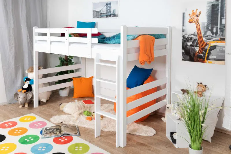 Kinderbed / hoogslaper "Easy Premium Line" K23/n, massief beukenhout, wit gelakt, deelbaar - ligvlak: 120 x 190 cm