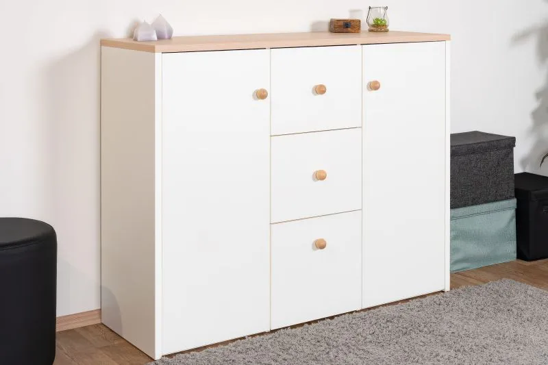 Kinderkamer - Ladekast Egvad 09, kleur: wit / beuken - Afmetingen: 95 x 120 x 40 cm (H x B x D), met 2 deuren, 3 lades en 6 vakken