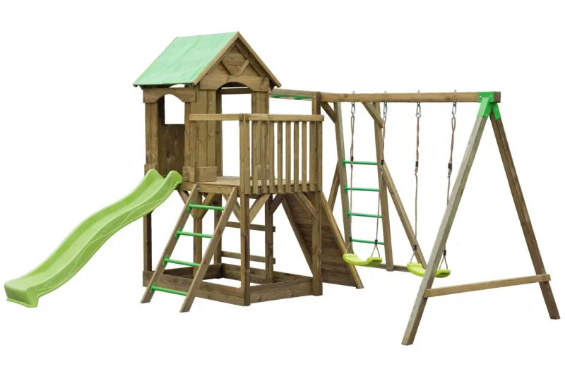 Speeltoren S3A incl. golfglijbaan, dubbele schommel aanbouw, balkon, zandbak, hellingbaan en klimrekverlenging - Afmetingen: 450 x 500 cm (B x D)