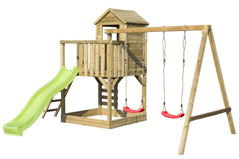 Speeltoren S4A incl. golfglijbaan, dubbele schommel aanbouw, balkon, zandbak, klimwand en houten ladder - Afmetingen: 450 x 330 cm (B x D)