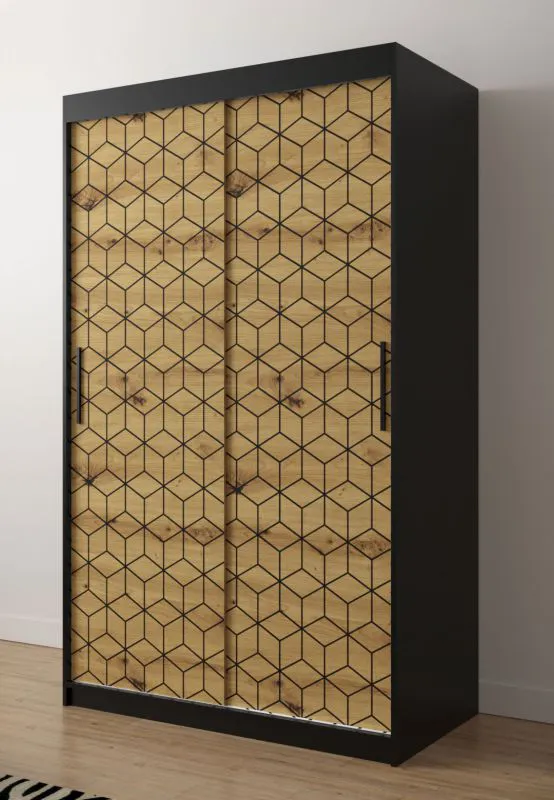 eenvoudige kledingkast met modern patroon Dom 47, kleur: mat zwart / eiken Artisan - afmetingen: 200 x 120 x 62 cm (H x B x D), met vijf vakken