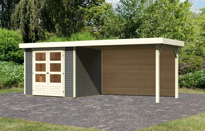 Berging / tuinhuis SET ACTION met aanbouw dak & dubbele deuren, kleur: terra grijs, grondoppervlakte: 5.05 m²