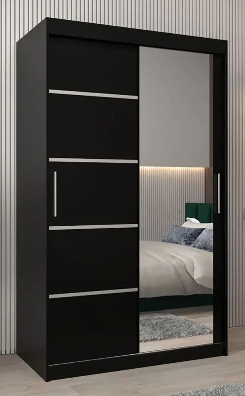 Schuifdeurkast / kledingkast Jan 02B met spiegel, kleur: Zwart - Afmetingen: 200 x 120 x 62 cm ( H x B x D)
