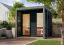 Buiten sauna / saunahuis Bugnara 02 / antraciet / metalen frame: Grijs / incl. lamellenwanden als privacyscherm / 38 mm wand dikte / 231 x 276 x 232 cm / 2 ligstoelen
