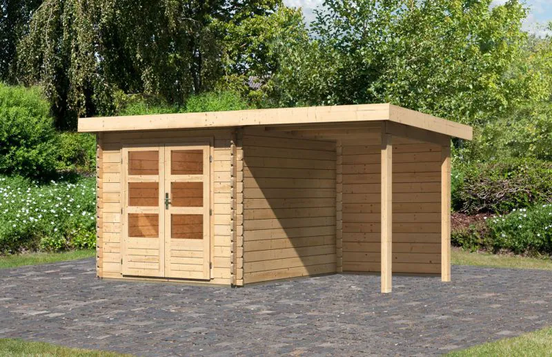 Berging / tuinhuis SET met lessenaarsdak incl. aanbouw dak & achterwand, kleur: onbehandeld, grondoppervlakte: 6,16 m²