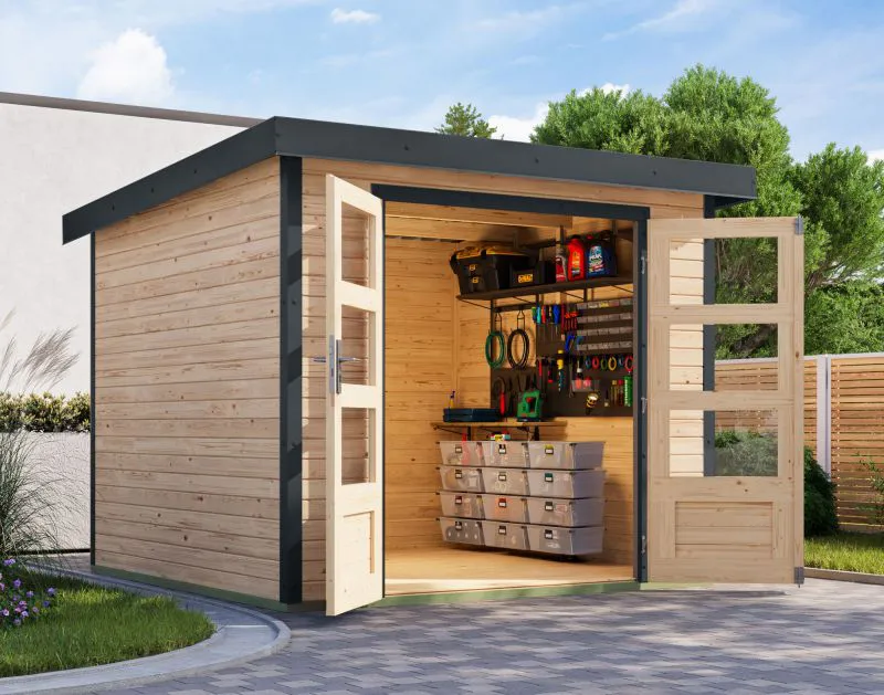 Tuinhuis / berging van onbehandeld Noorse spar met antracietkleurig metaalprofielen plaatstalen dak, dubbele deuren met licht uitsparingen, cilinderslot, 2,38 × 2,42 m