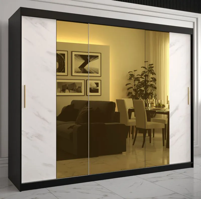 elegante kledingkast met voldoende opbergruimte Hochfeiler 70, kleur: zwart / wit marmer - afmetingen: 200 x 250 x 62 cm (H x B x D), met drie spiegels