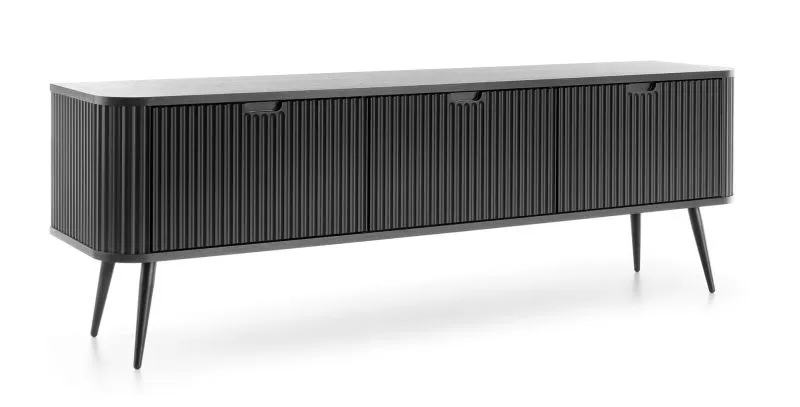 Zwart tv-meubel Makreb 03 met gefreesde fronten, 57 x 168 x 39 cm, voor de woonkamer, metalen poten in zwart, 3 vakken, 3 deuren, ABS-kantafwerking