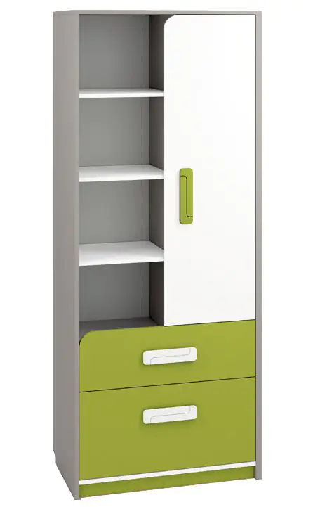 Kinderkamer - kast Renton 03, kleur: platina grijs / wit / groen - afmetingen: 199 x 80 x 40 cm (H x B x D), met 1 deur, 2 laden en 8 vakken