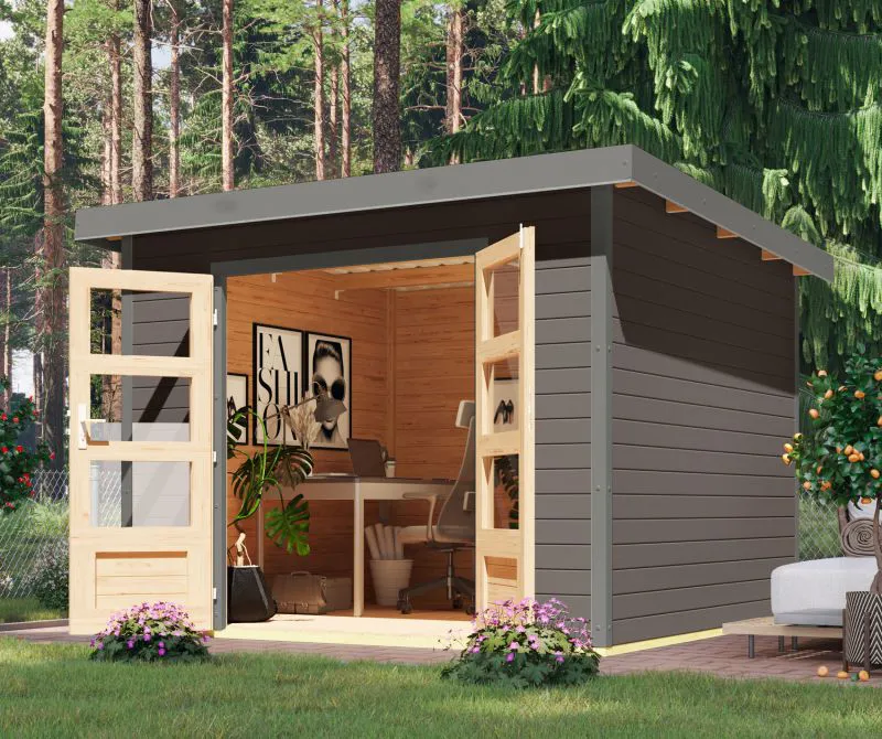 Houten berging / tuinhuis, Noords sparrenhout terra grijs/grijs aluminium, weerbestendig metaalprofielen plaatstalen lessenaarsdak, robuuste stalen hoeken, cilinderslot, 2,70 × 2,70 m