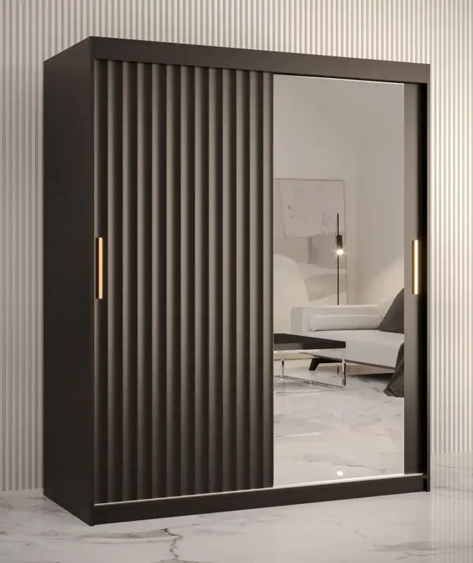 elegante kledingkast met één deur met spiegel Balmenhorn 84, kleur: mat zwart - afmetingen: 200 x 150 x 62 cm (H x B x D), met vijf vakken en twee kledingstangen