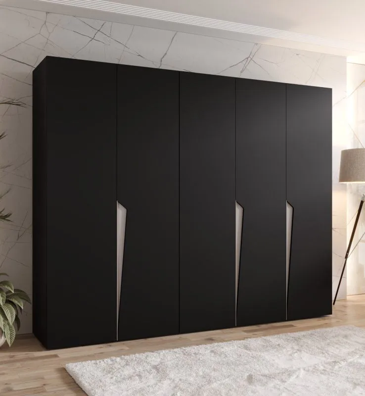Kledingkast / Kleur: zwart / 5 deuren / 3 vakken / Handgrepen: kasjmier / 3 kledingstangen / Soft-Close functie / Maten: 250 x 52 x 202 cm / ABS-randen