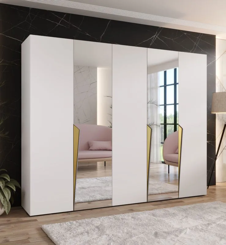 Kledingkast | Kleur: wit | 2 spiegeldeuren | 3 vakken | 3 kledingstangen | Handgrepen: goud | Maten: 250 x 52 x 202 cm | Soft-Close functie | ABS-randen