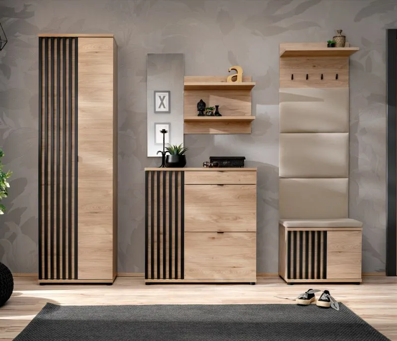 Complete kapstok / garderobe - Set G Angvik, 5-delig, kleur: eiken / zwart, twee schoenkasten, een kapstok, een garderobekast, een spiegel met twee schappen, vier haken
